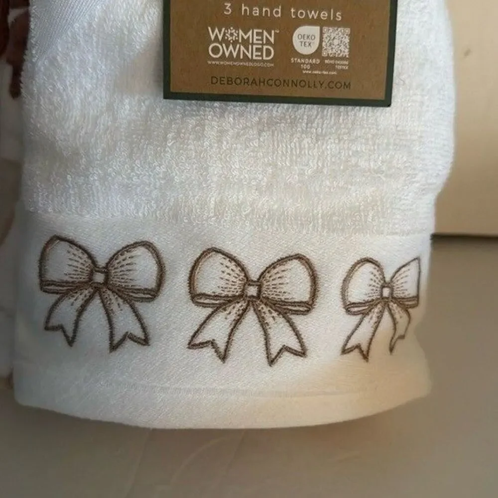 NWT Deborah Connolly 12 Piece Velour Cotton Bath Towel Set White Brown Tan Bows